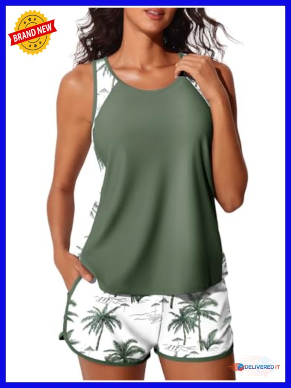 Tummy Control Tankini Two Piece Swim Set with Sporty Pockets